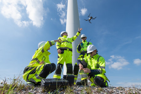 Wind Turbine Drone Inspection Maintenance and Repair Technician, Engineer team professional working...