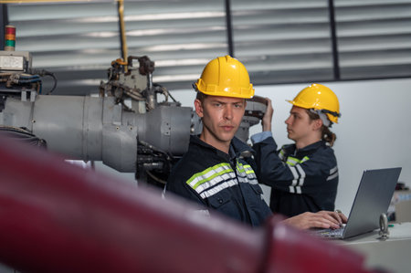 Engineer with helmet safety standing by robotic arm and operating machine in industry factory,...