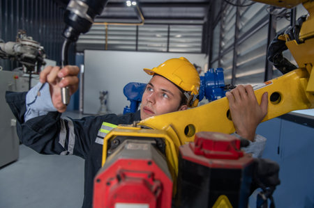 Engineer with helmet safety standing by robotic arm and operating machine in industry factory, technician worker check for repair maintenance electronic operationの写真素材