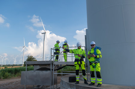 Wind Turbine Maintenance and Repair Technician, Engineer team professional working maintenance clean...
