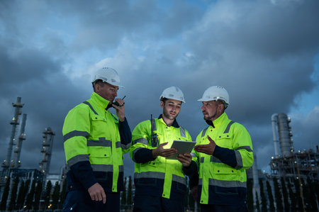Refinery industry, engineer working with tablet at oil and gas refinery plant industry factory, Petrochemical plantの写真素材