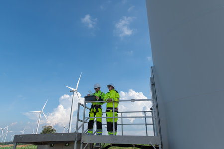Wind Turbine Maintenance and Repair Technician, Engineer Checking Turbines working maintenance clean power generator system in wind turbine farmの写真素材