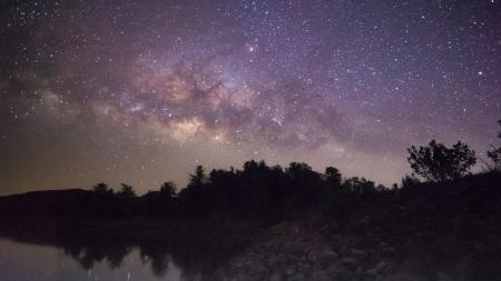 Milky way galaxy rise on  lake, mountainの写真素材