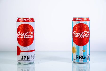 Bangkok, Thailand - 14 June 2018: Limited edition of Thailand Coca-Cola (Coke) can with famous football teams; Russia, Brazil, Argentina & Japan, FIFA world cup Russia 2018 from 14 June - 15 July 2018.のeditorial素材