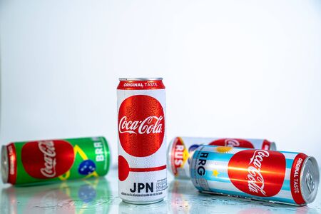 Bangkok, Thailand - 14 June 2018: Limited edition of Thailand Coca-Cola (Coke) can with famous football teams; Russia, Brazil, Argentina & Japan, FIFA world cup Russia 2018 from 14 June - 15 July 2018.のeditorial素材