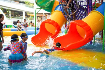 BANGKOK, THAILAND - 13 Apr, 2018: Kids are playing in mini holiday water themepark at Mega Bangna...