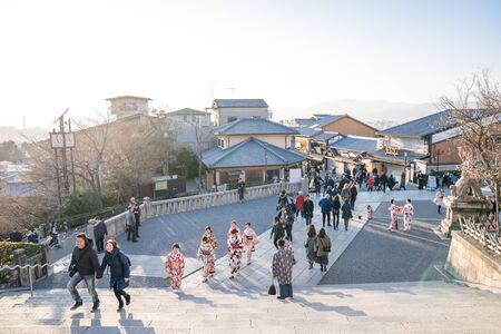 Kyoto, Japan - 2 Mar 2018: People (traveler, group tour, local people, Japanese people) visited at Kiyomizu-dera temple on 2 Mar 2018, Kyoto, Japan.のeditorial素材