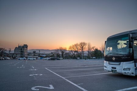 Kyoto, Japan - 2 Mar 2018: the car parking area at Kiyomizu-dera in twilight time ready and prepare tourists and travelers who visit Kiyomizu-dera.のeditorial素材