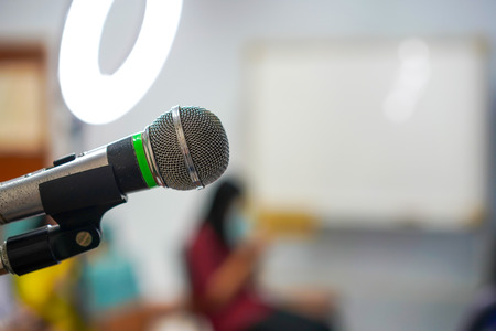 Close up and focus on Microphone in the make up class., blur background.の写真素材