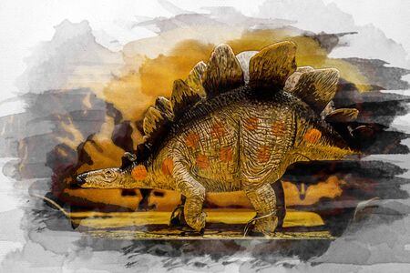 Watercolour painting of show case, realistic dinosaurs plastic toy in the box on the shelf. Low key dark light.の写真素材