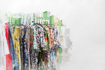 watercolour painted of Colorful flower pattern women's clothes hang on to green clothes line in the...