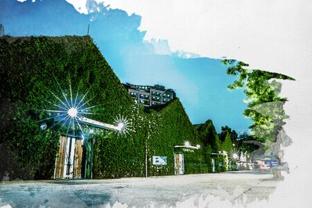 watercolour painted of Local people and tourists visit and walk around Taiwan Creative park at Taipei, Taiwanの写真素材