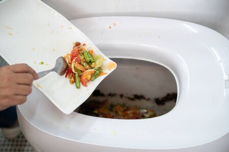 Asian woman seperated food in her white dish to composted hitech machine to feed microorganism...