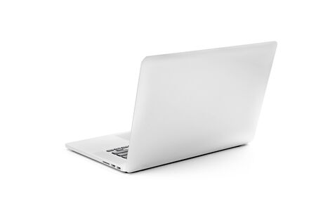 Laptop gray metalic sliver colour notebook in backside view open cover on the white background. Clipping Path.の写真素材