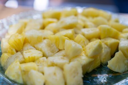 Close up sliced pineapple ready to serve at outdoor environmentの写真素材