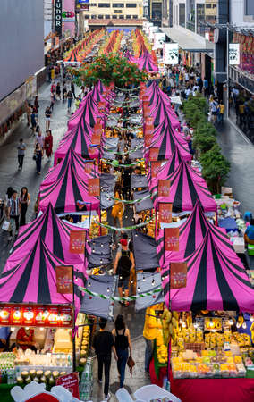 Bangkok, Thailand - 29 Dec 2019: SiamSquare event; food & shopping street in square pink - black...