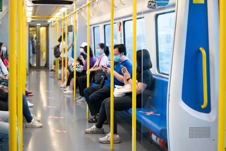 Bangkok, Thailand - 24 Apr 2020: Bangkok Airport Rail Link (ARL) in Coronavirus (COVID-19) period. They concern social distancing policy by marking tape on seats &floor in the train. Bangkok, Thailandのeditorial素材