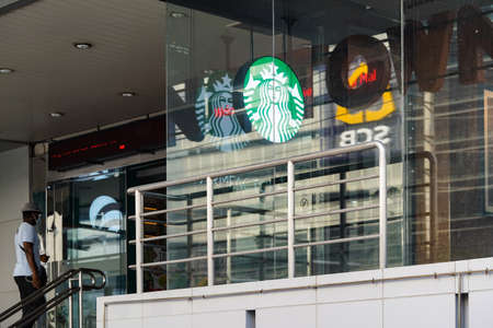 Bangkok, Thailand - 30 Apr 2020, The StarBucks retail still opens the light box logo in the COVID-19...