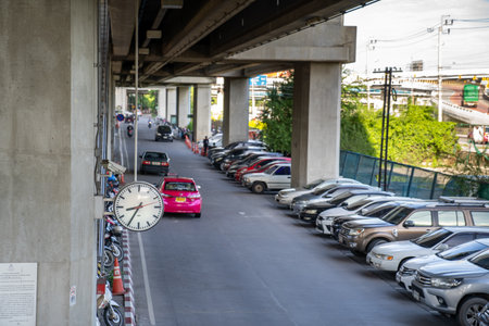 Bangkok, Thailand - 26 Sep 2020, The environment of Parking lots under the Airport Rail Link "Ladkrabang Station", They are working and standby for Local Passenger to transport., Bangkok, Thailand.のeditorial素材