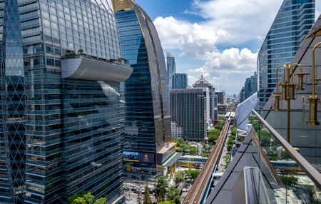 Bangkok, Thailand - 23 Jul 2020, The environment of cityscape in the normal afternoon day with the BTS (Bangkok (Mass) Transit System platform) Chilom station and high building, Bangkok, Thailandのeditorial素材