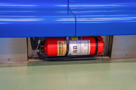 Bangkok, Thailand - 26 Sep 2020, Fire extinguisher was set up under the train seat on public transport Airport Rail Link, ready to use all time., Bangkok, Thailand.のeditorial素材