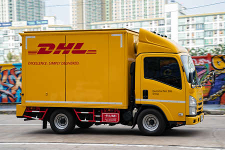 Bangkok, Thailand - 30 Apr 2021, DHL truck was drived in Thailand street on Rama9 road in the...