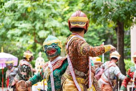 The performance of Thai traditional drama story Khon epic, Ramakien or Ramayana with Hanuman (white...
