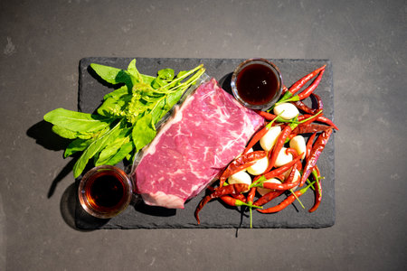 Top table, flatlay of Raw Beef herb ingredients, basil, garlic, chilli, sauces on black slate plate...