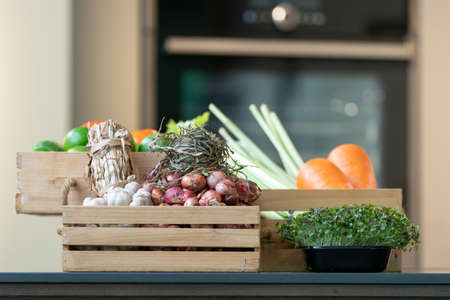 Group of vegetable Carrot, Potato, Lime, Tomato, Onion, Shallot bundle, Garlic bundle and Micro Herb...