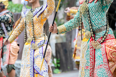Close up to the custume of The performance Thai traditional drama story Khon epic, Ramakien or Ramayana.の写真素材