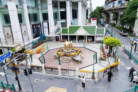 Bangkok, Thailand - 26 Aug 2021, Closed Erawan Shrine, Thao Maha Phrom Shrines area at  Ratchaprasong Junction and Road during Coronavirus period. Bangkok, Thailand.のeditorial素材