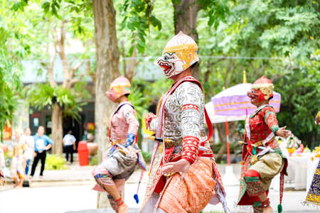 The performance of Thai traditional drama story Khon epic, Ramakien or Ramayana with Hanuman (white...