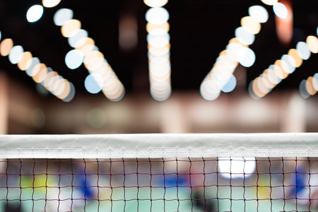 badminton net Close up shot of a used in court with blurred background in sports stadium.の写真素材