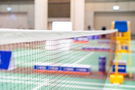badminton net Close up shot of a used in court with blurred background in sports stadium.の写真素材
