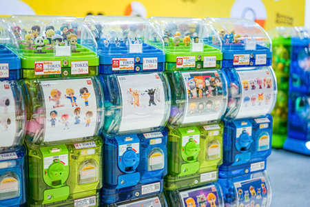 Bangkok, Thailand - 11 Feb 2022, There are light green and blue gashapon machines, a variety of vending machines that dispense capsule toys, at Centralworld. Bangkok, Thailand.のeditorial素材