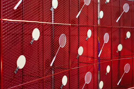 Table tennis and badminton rackets are hung on a red square grill steel grid, used as a backdrop for various events.の写真素材