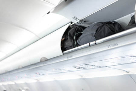 luggage on the top airplane shelf overhead passenger seatの写真素材