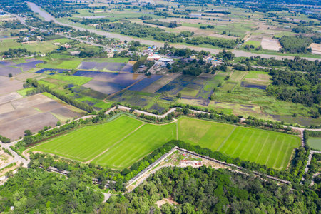 Asia topview of the Drone view around rice field farming in Uthaitani province, Thailand.の写真素材