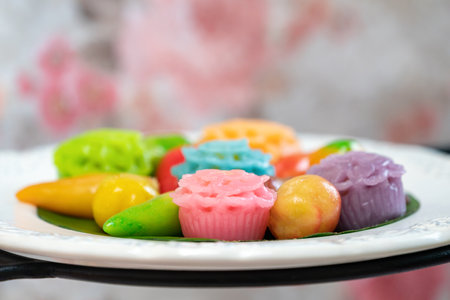 Luxury and Classic Traditional Thai Dessert set on a Banana leaf in the dish.の写真素材