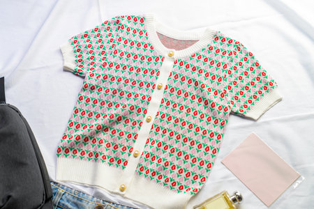 Green crop top with a tulip pattern and light colored jeans are paired with a black bag on the white...
