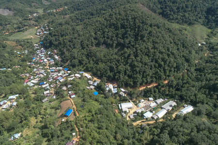 High angle view of a northern rural village in the valley Ban Thung Ton Ngio,  Mae Tuen, Omkoi...