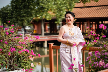 A woman in a traditional Thai costumes is standing on the wooden bridge while being taken a portrait photo shooting.の写真素材