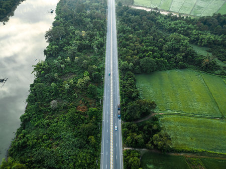 A long straight road leading through rural countryside with beautiful forest.の写真素材