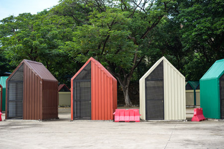 A kiosk's form is created by combining and constructing a metal sheet. It is set up for market weekend in the roll.の写真素材