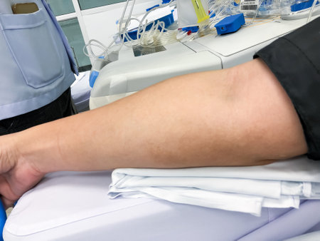 Blood platelet donation, a male nurse inserts a needle into donorâ€™s arm to draw blood at a...