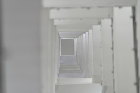 Top angle view of the white reinforced steel bar framework column construction in the work site.の写真素材