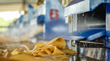 The close up view of the natural rubber sheet cleansing process by the auto industrial cleaning...