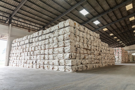 The natural Thai standard rubber bales sheet products staked and stored in the factoryâ€™s...