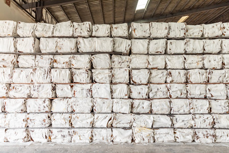 The natural Thai standard rubber bales sheet products staked and stored in the factoryâs warehouse. The storage procession product of a rubber factory.の写真素材