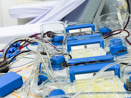 Blood platelet donation Machine is working, it draws blood from arm for separate Platelet from blood...